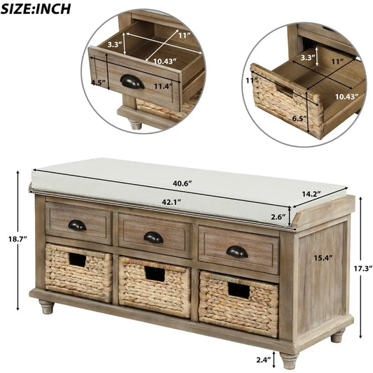 Wood Storage Bench with 3 Drawers, 3 Rattan Baskets,