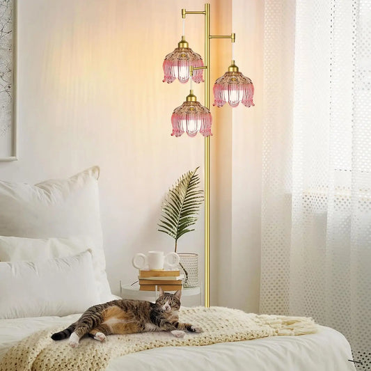 Pink Mid-Century Modern Floor Lamp with Gold Brass Tree Design, 3 Adjustable Lights for Living Room and Bedroom