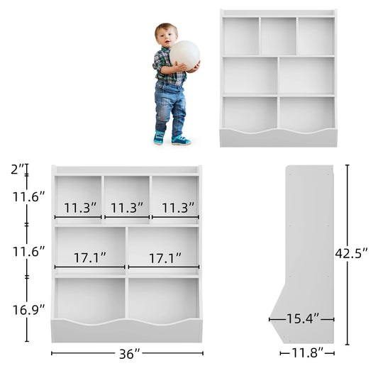 Kids 3-Tier Toy Storage Organizer Bookshelf White- 7 Compartment Bookshelf & Toy Shelf for Kids' Room, Bedroom