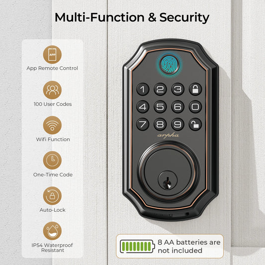 Arpha Smart Lock D280W Keyless Entry Door Lock Fingerprint Bulit-in WiFi Deadbolt Electronic Keypad Auto-Lock Easy Installation