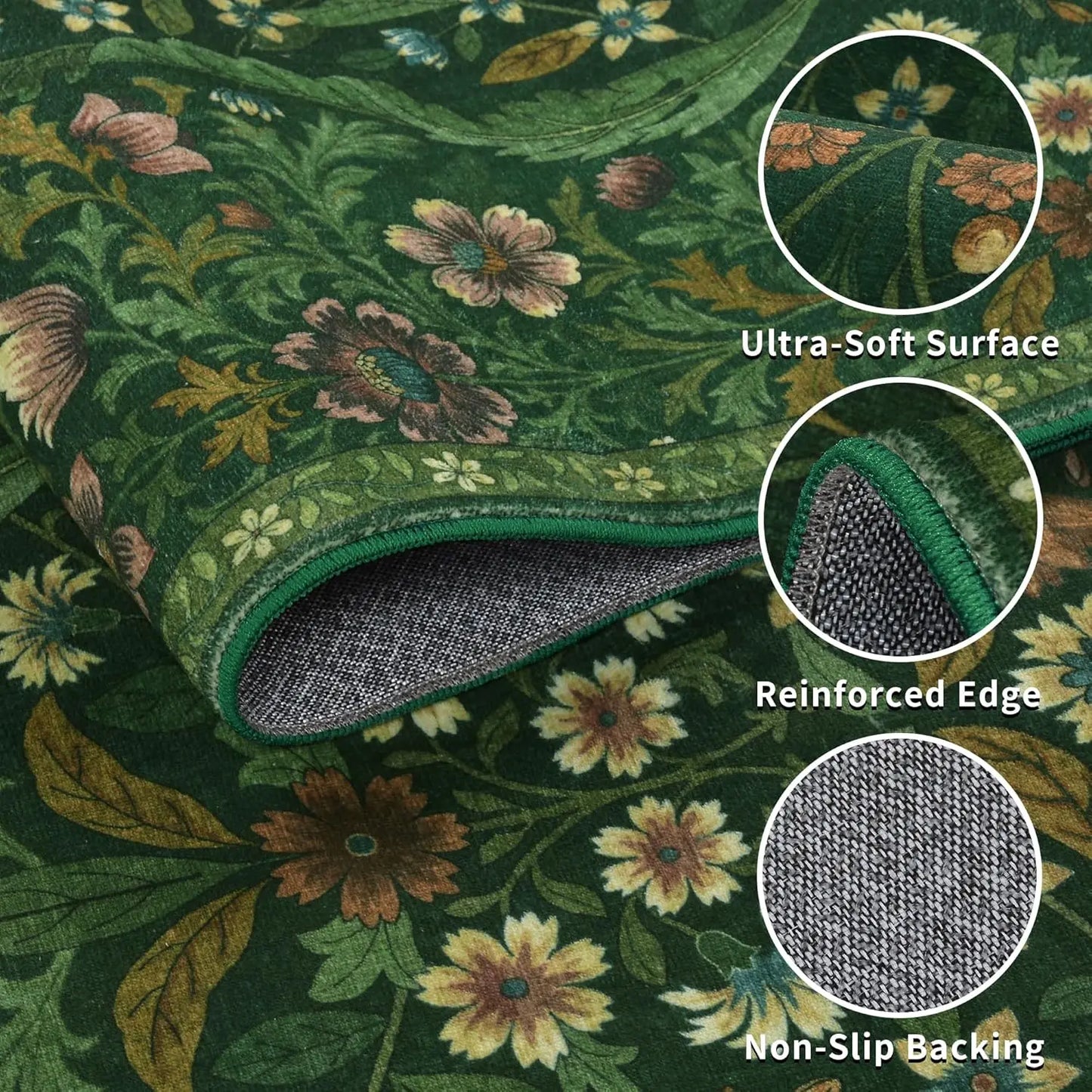 5x7 Dark Green Washable Floral Rug, Vintage Boho Soft Low-Pile for Living Room, Bedroom, Dining