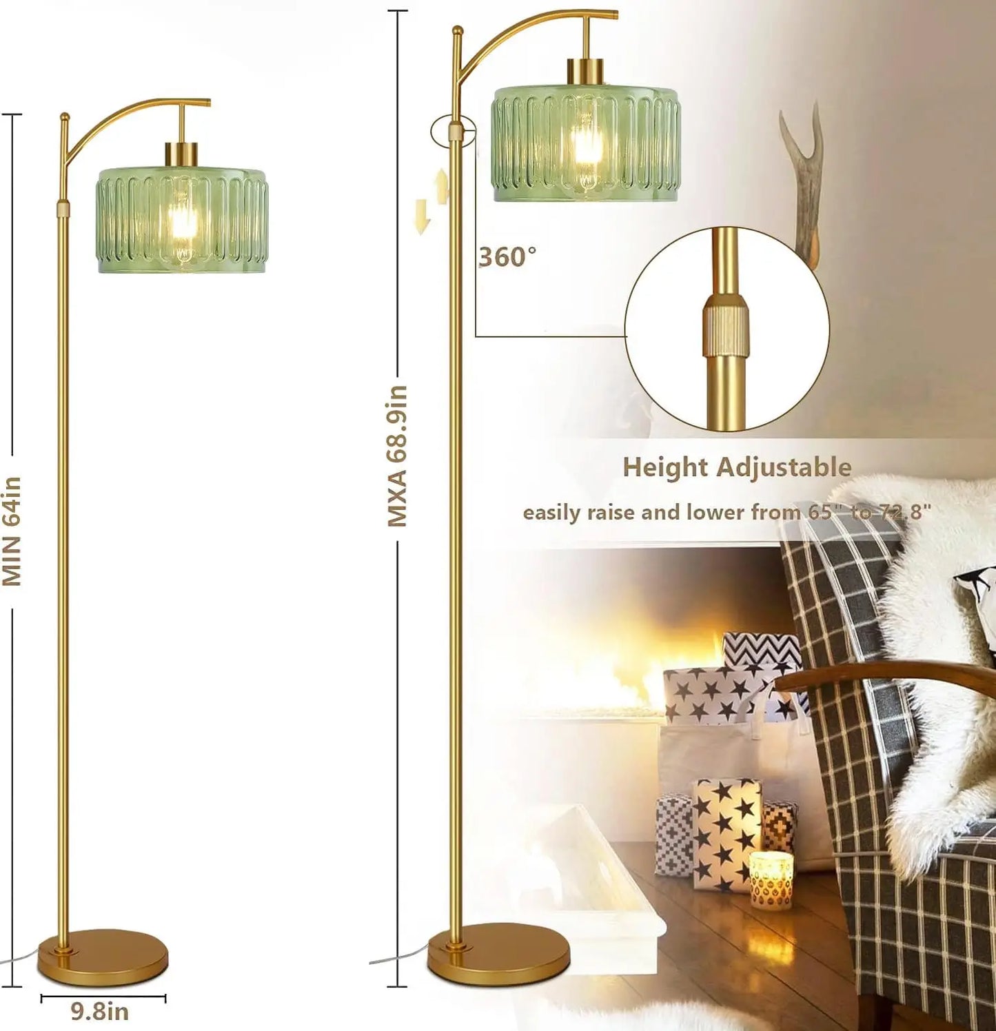Gold Dimmable Floor Lamp with Remote, Mid Century Modern Brass Standing Light for Living Room Bedroom