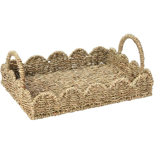 Handwoven Seagrass Tray with Scalloped Edge and Handles