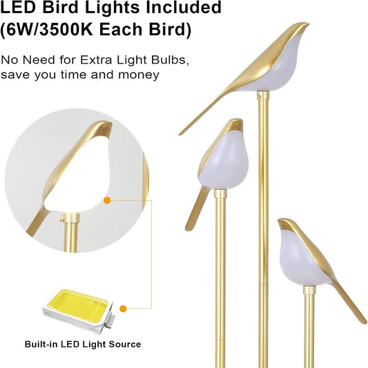 Modern Gold Floor Lamp with Adjustable LED Bird Lights and Wood Shelf for Living Room Bedroom