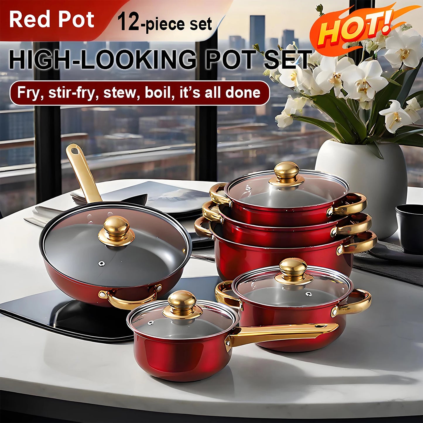 Red Stainless Steel Cookware, 12-Piece
