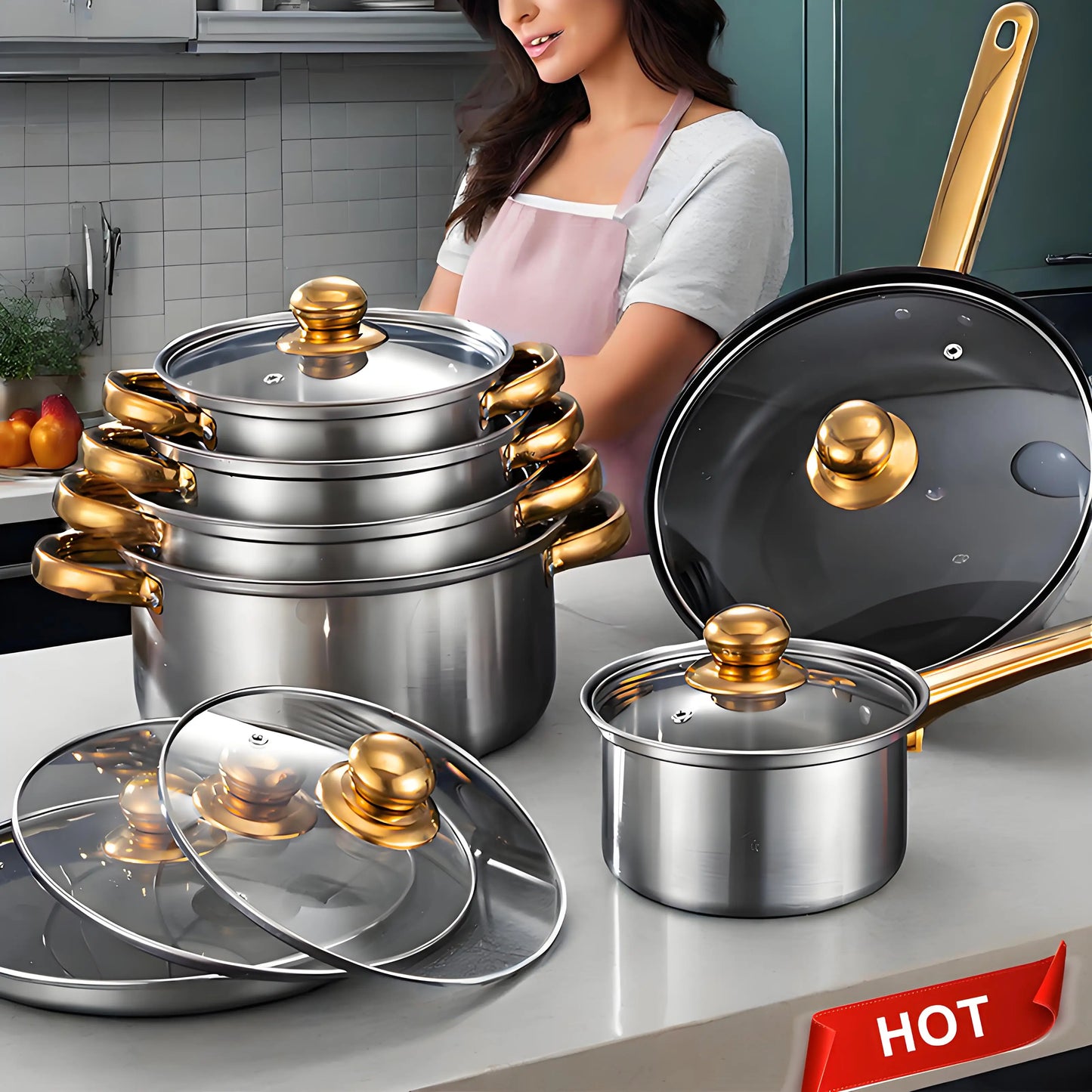 Red Stainless Steel Cookware, 12-Piece