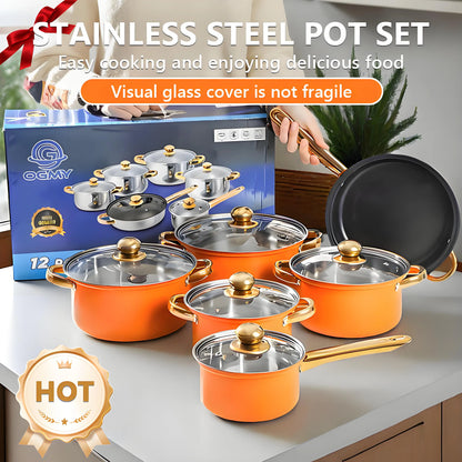 Red Stainless Steel Cookware, 12-Piece
