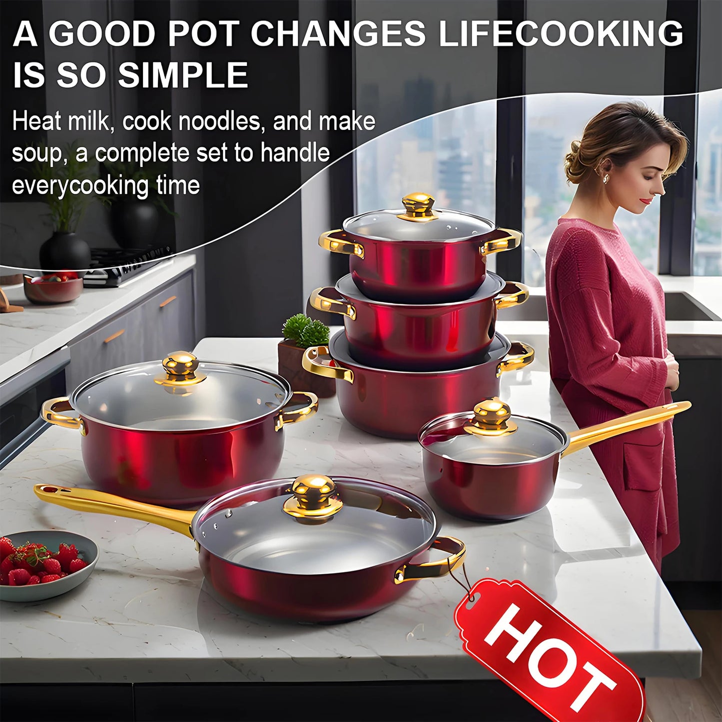 Red Stainless Steel Cookware, 12-Piece