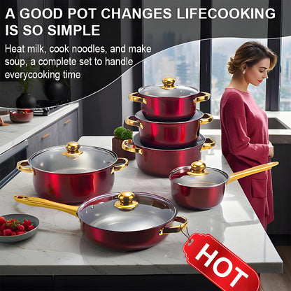 Red Stainless Steel Cookware, 12-Piece