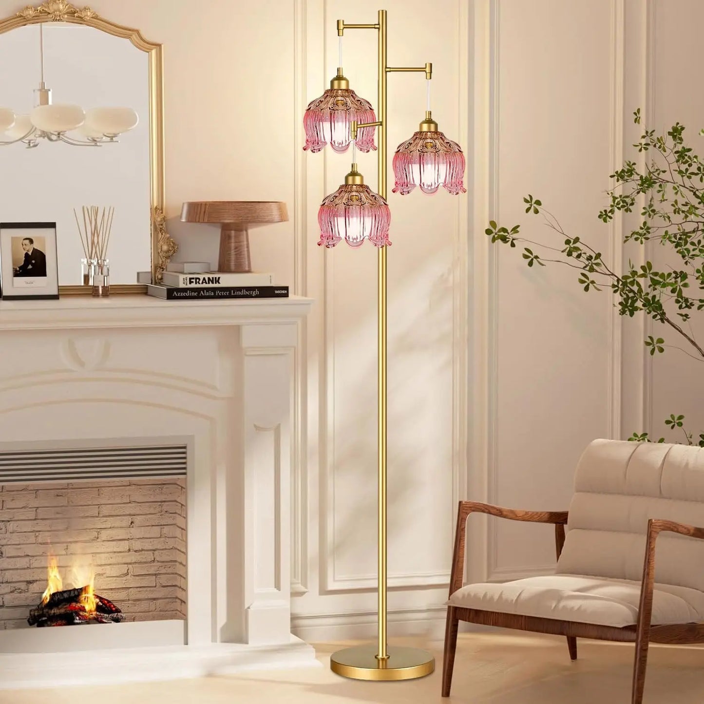 Pink Mid-Century Modern Floor Lamp with Gold Brass Tree Design, 3 Adjustable Lights for Living Room and Bedroom