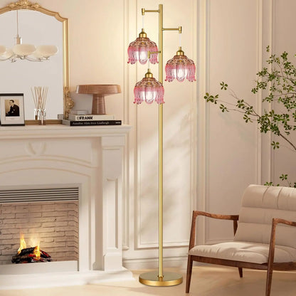 Pink Mid-Century Modern Floor Lamp with Gold Brass Tree Design, 3 Adjustable Lights for Living Room and Bedroom