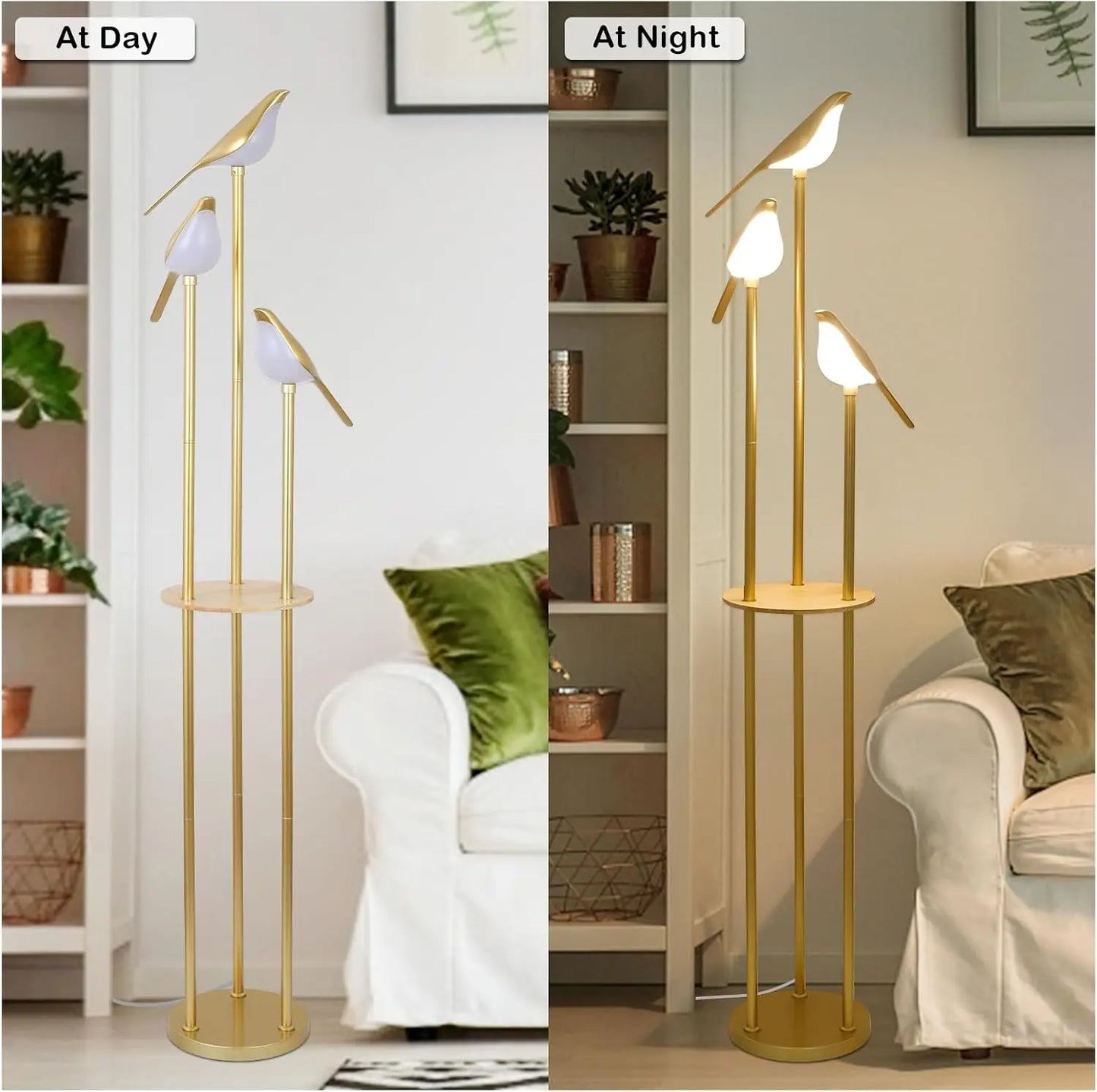 Modern Gold Floor Lamp with Adjustable LED Bird Lights and Wood Shelf for Living Room Bedroom