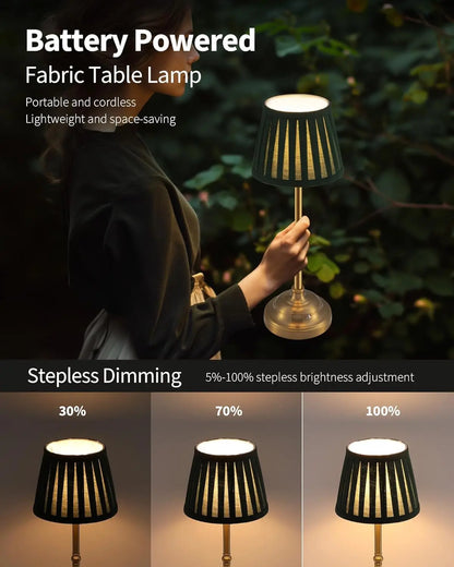 Cordless LED Table Lamp Set of 2, Rechargeable Dimmable Fabric Shade Desk Lamps for Bedroom, Dining Room, Night Light