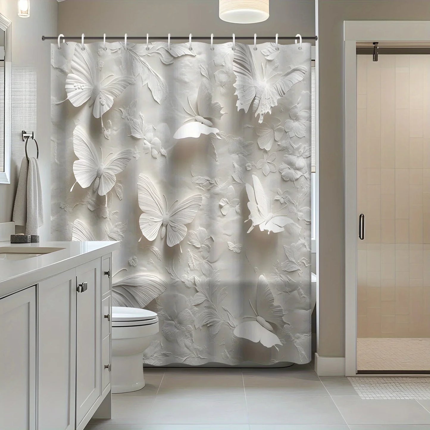1pc White Theme Modern Butterfly Shower Curtain