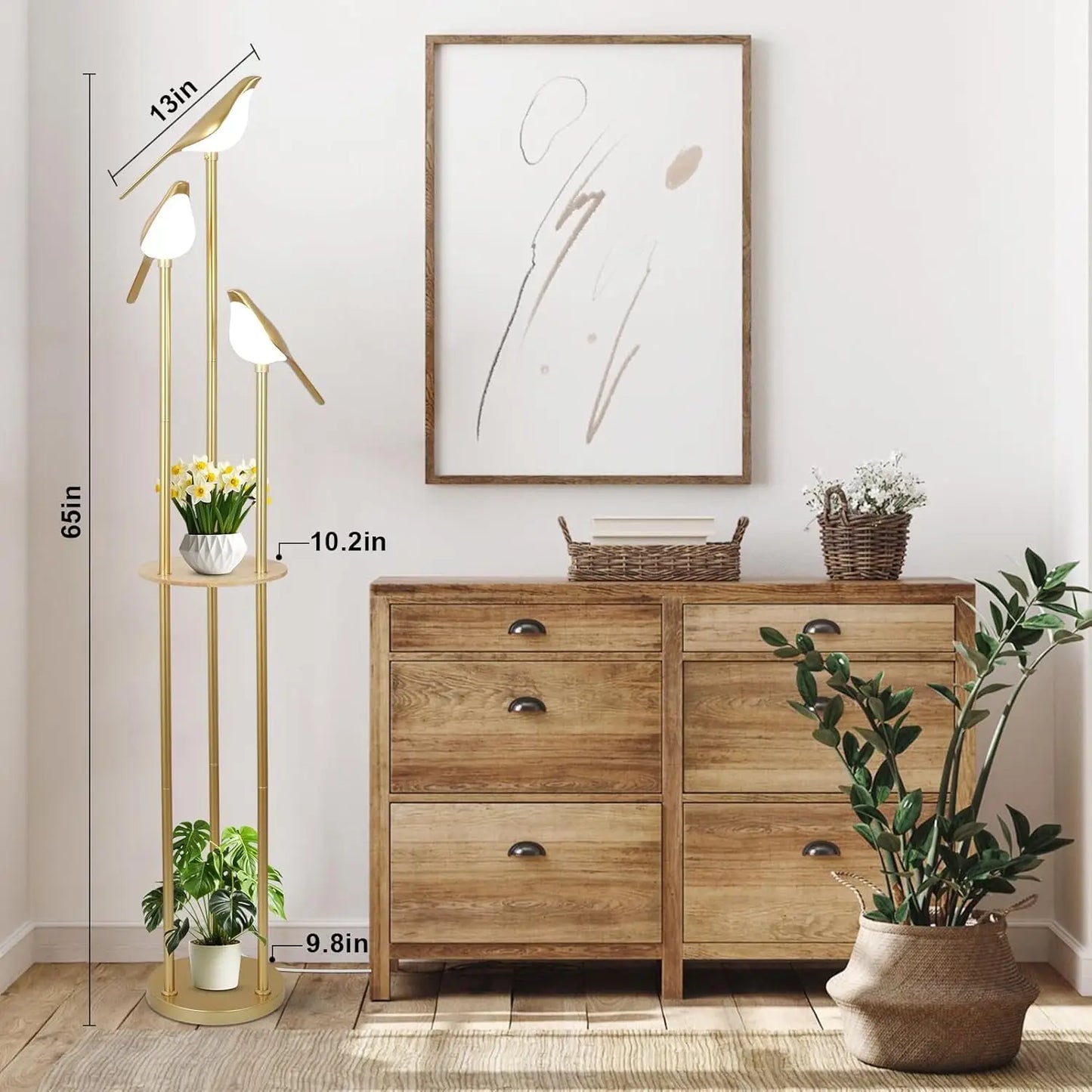 Modern Gold Floor Lamp with Adjustable LED Bird Lights and Wood Shelf for Living Room Bedroom