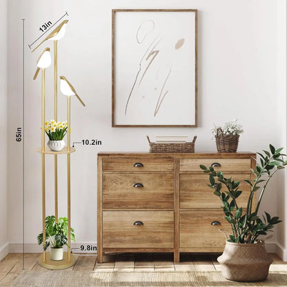 Modern Gold Floor Lamp with Adjustable LED Bird Lights and Wood Shelf for Living Room Bedroom