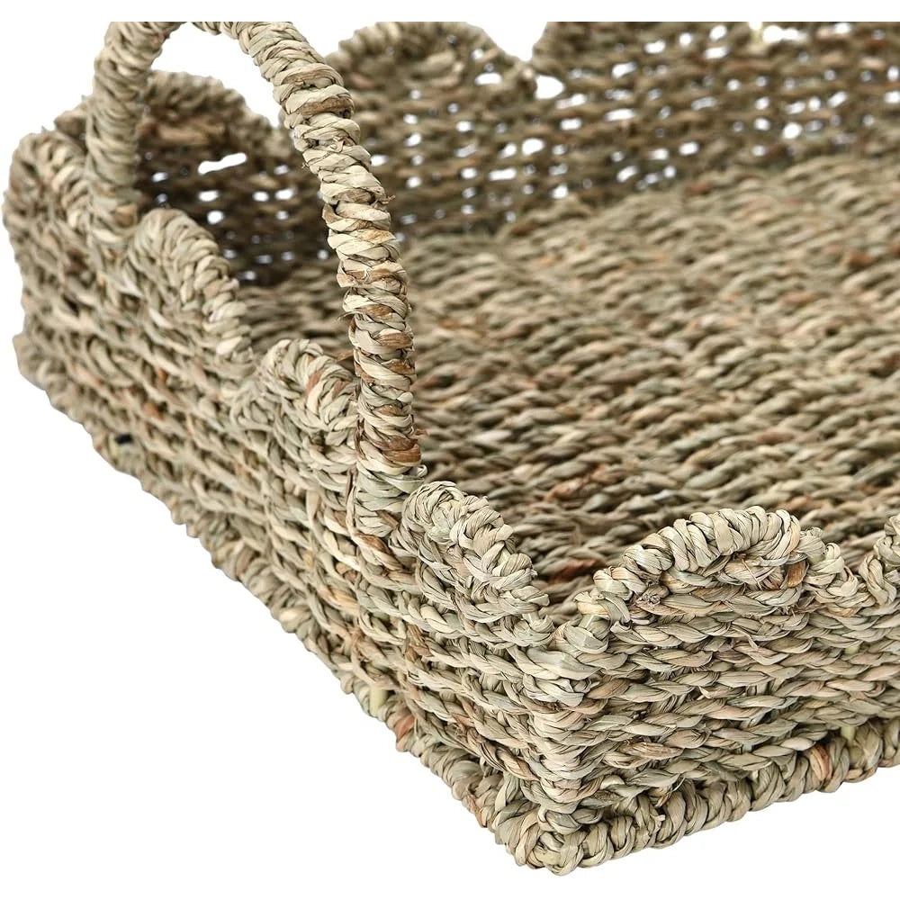 Handwoven Seagrass Tray with Scalloped Edge and Handles