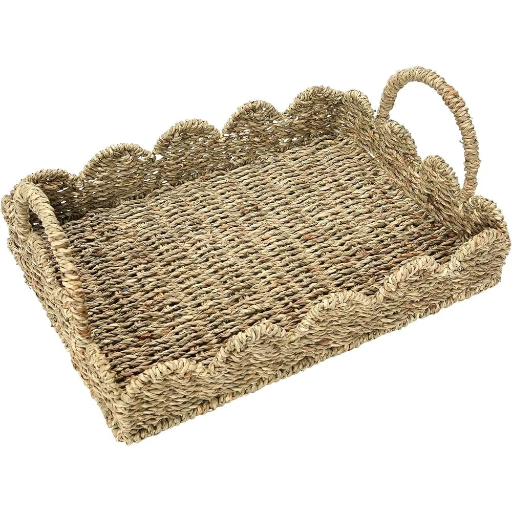 Handwoven Seagrass Tray with Scalloped Edge and Handles