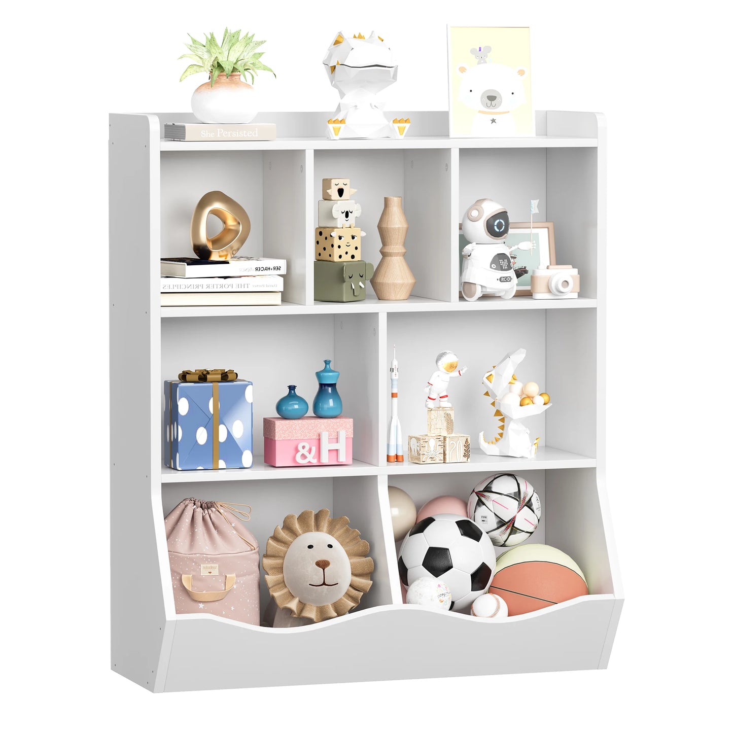 Kids 3-Tier Toy Storage Organizer Bookshelf White- 7 Compartment Bookshelf & Toy Shelf for Kids' Room, Bedroom