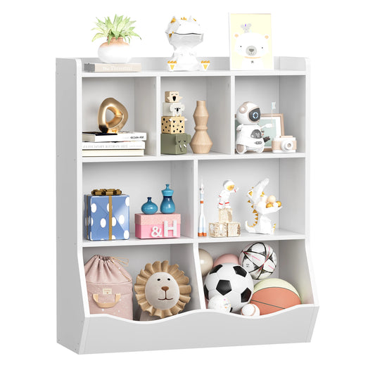 Kids 3-Tier Toy Storage Organizer Bookshelf White- 7 Compartment Bookshelf & Toy Shelf for Kids' Room, Bedroom