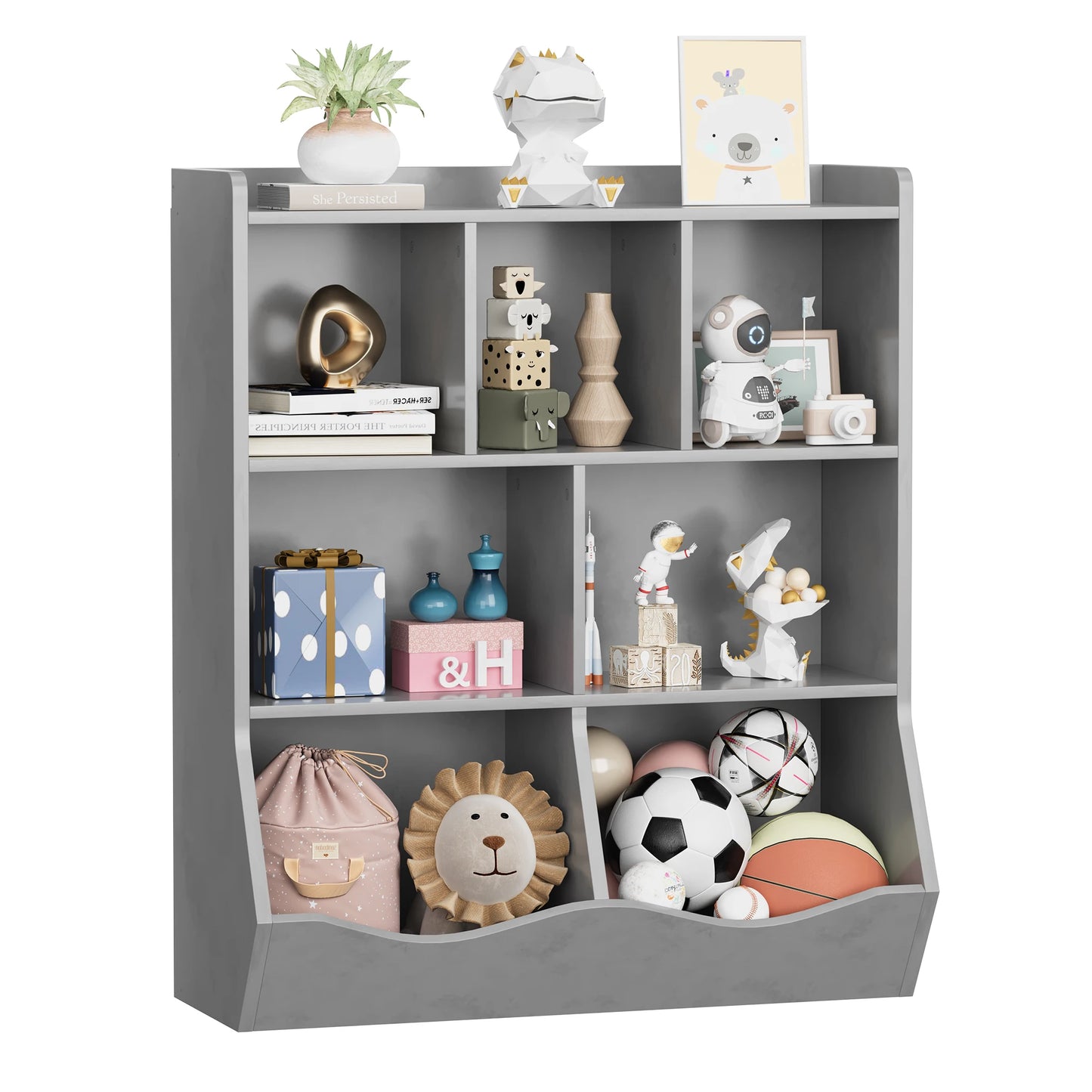 Kids 3-Tier Toy Storage Organizer Bookshelf White- 7 Compartment Bookshelf & Toy Shelf for Kids' Room, Bedroom