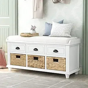 Wood Storage Bench with 3 Drawers, 3 Rattan Baskets,