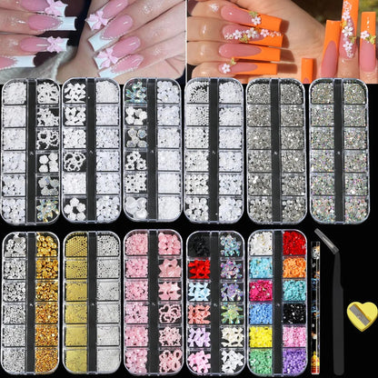11 Boxes Of 3D Nail Decoration With Peaceful Bottom Pearls, Flat Back Rhinestone Flowers Steel Balls Of Various Styles Of Resin