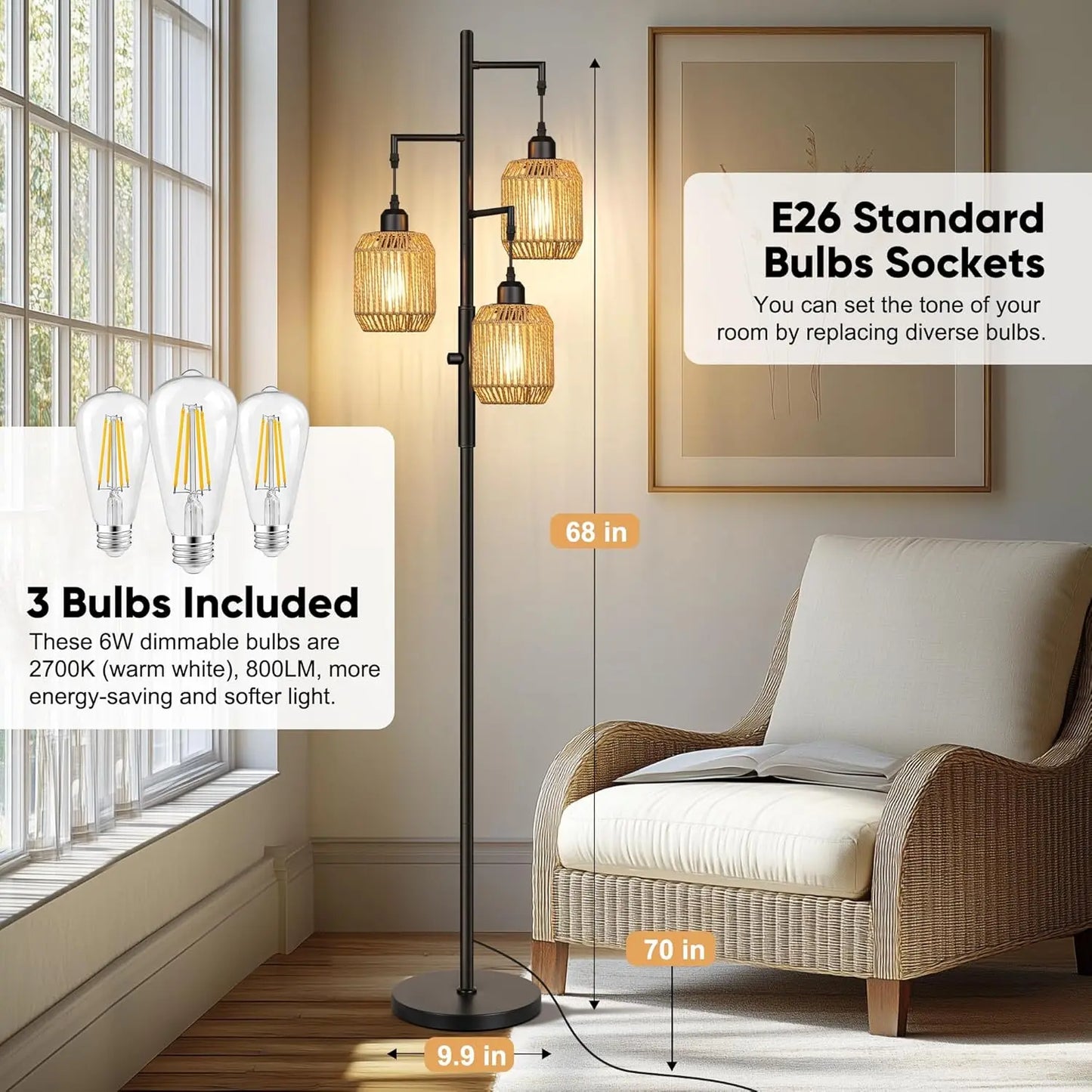 Dimmable Boho Floor Lamp with Rattan Cages, 3 LED Bulbs, Stepless Dimming, 68" Black for Living Room & Bedroom