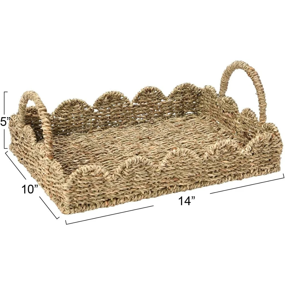 Handwoven Seagrass Tray with Scalloped Edge and Handles