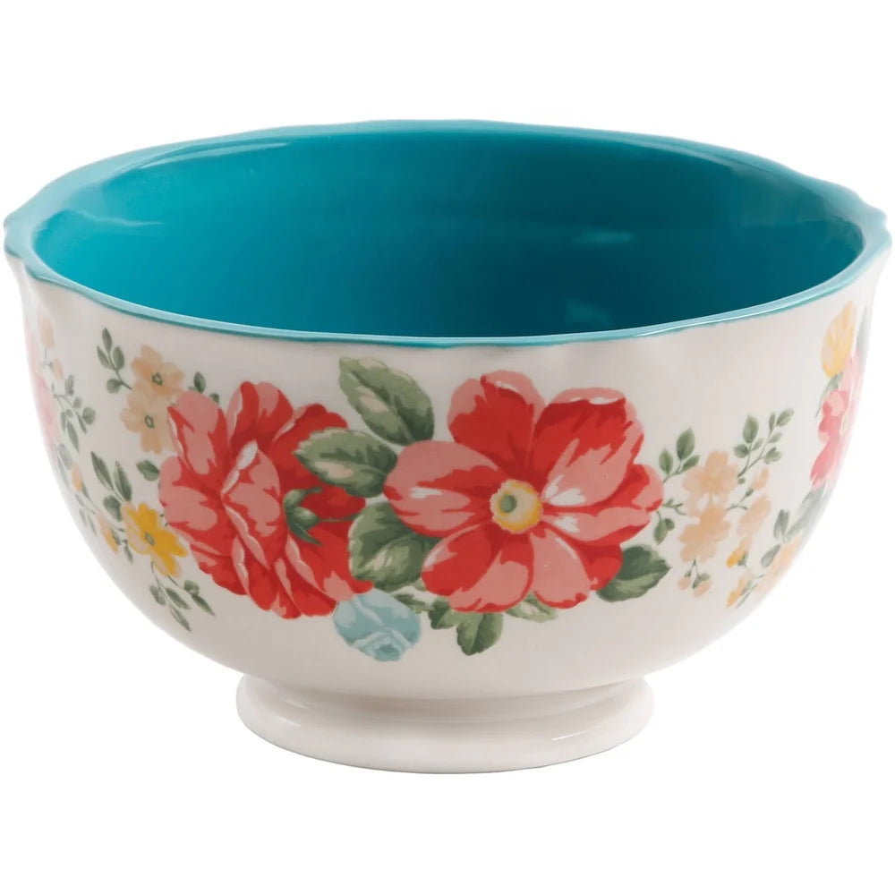 Vintage Floral Teal Stoneware Footed Bowl Set