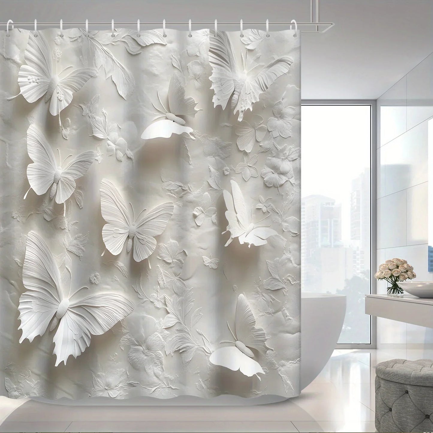1pc White Theme Modern Butterfly Shower Curtain