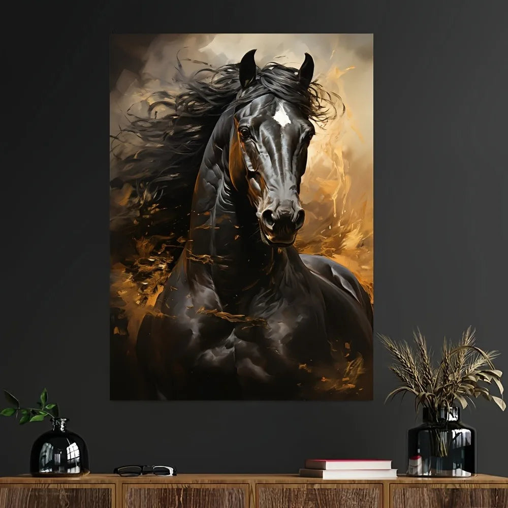 Black horse running canvas print