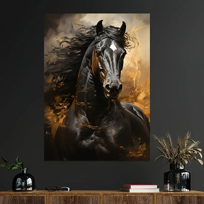 Black horse running canvas print