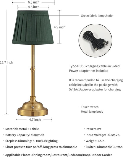 Cordless LED Table Lamp Set of 2, Rechargeable Dimmable Fabric Shade Desk Lamps for Bedroom, Dining Room, Night Light