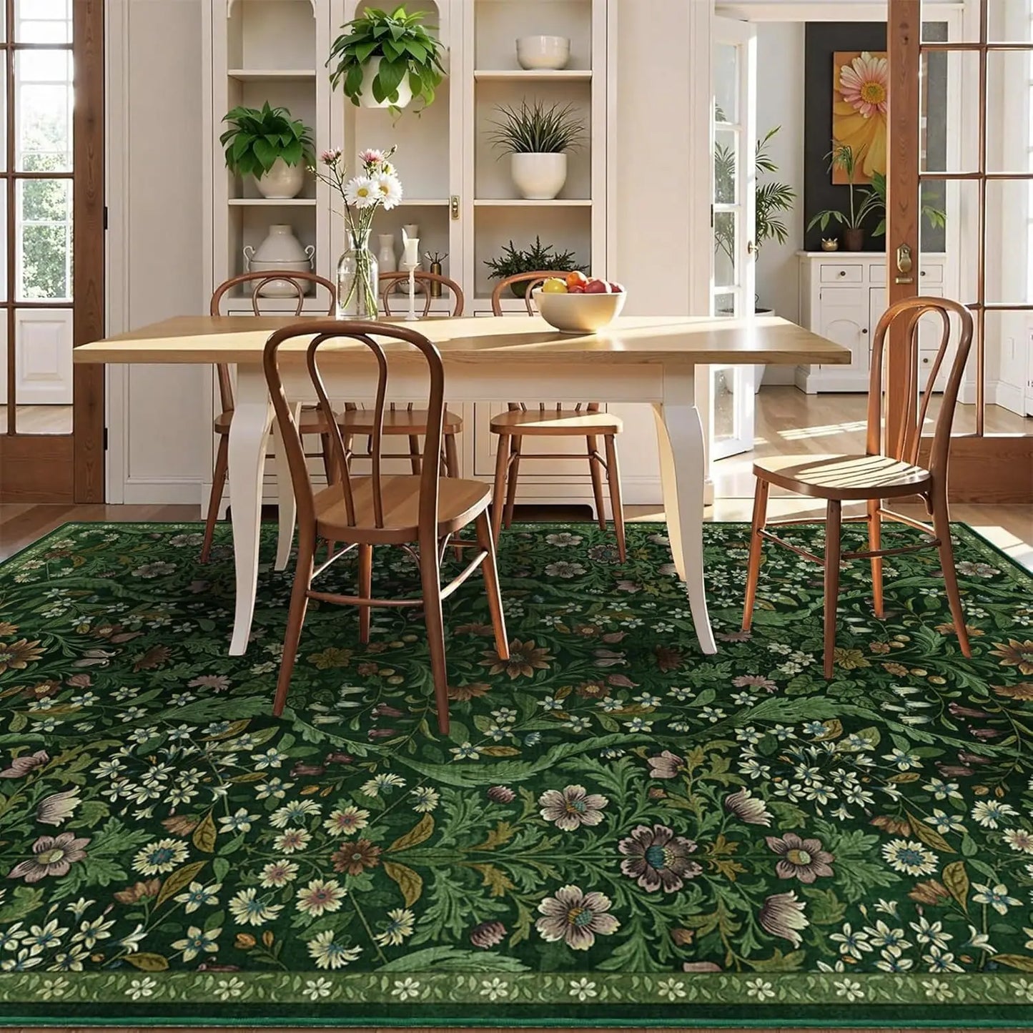 5x7 Dark Green Washable Floral Rug, Vintage Boho Soft Low-Pile for Living Room, Bedroom, Dining