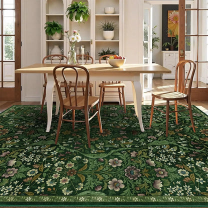 5x7 Dark Green Washable Floral Rug, Vintage Boho Soft Low-Pile for Living Room, Bedroom, Dining