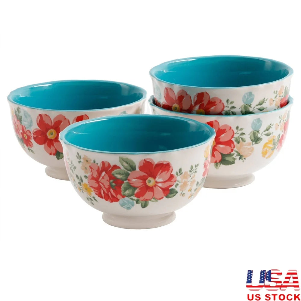 Vintage Floral Teal Stoneware Footed Bowl Set