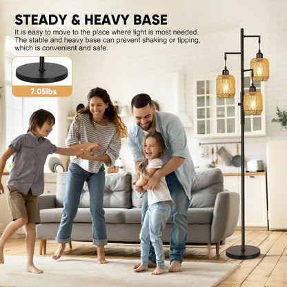 Dimmable Boho Floor Lamp with Rattan Cages, 3 LED Bulbs, Stepless Dimming, 68" Black for Living Room & Bedroom