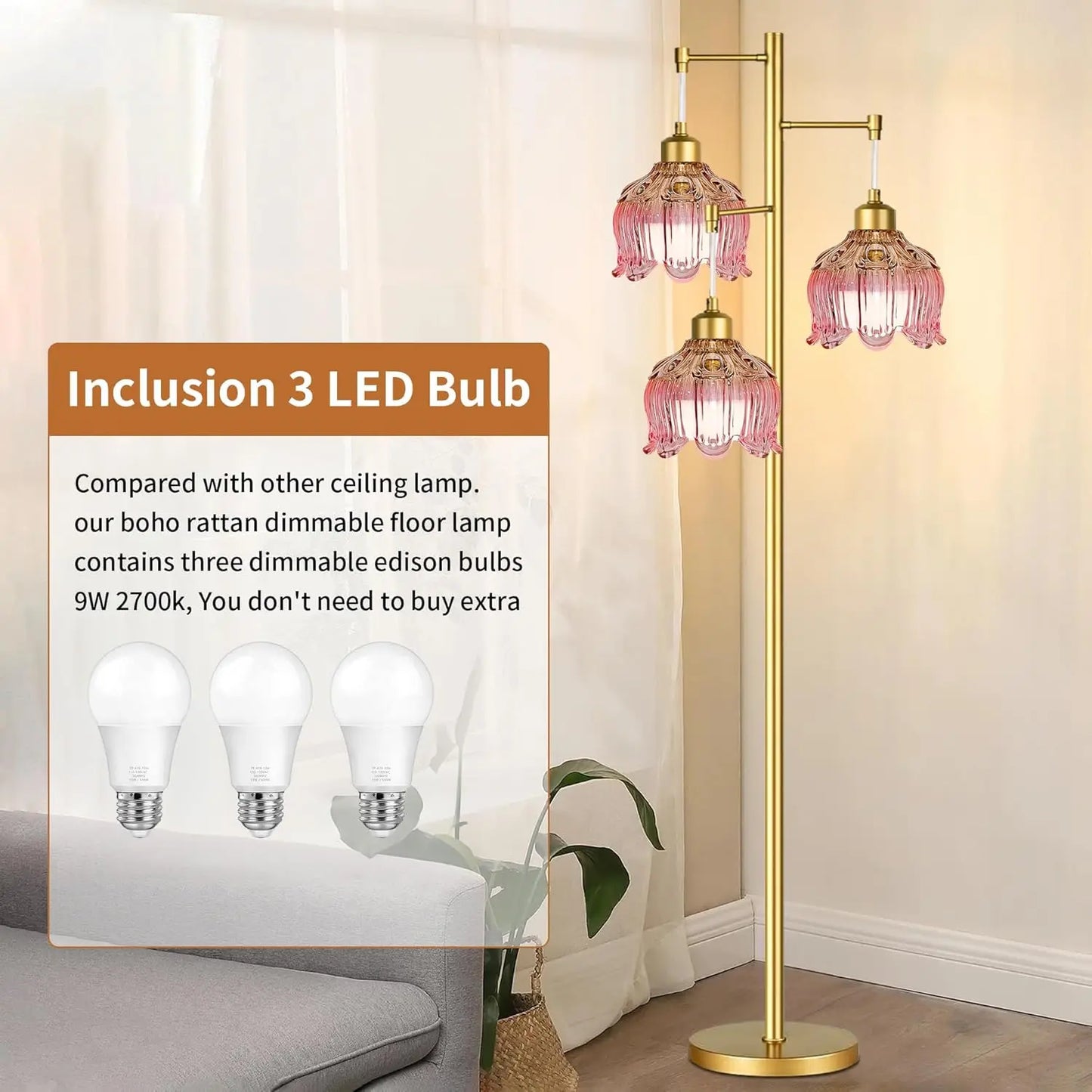 Pink Mid-Century Modern Floor Lamp with Gold Brass Tree Design, 3 Adjustable Lights for Living Room and Bedroom
