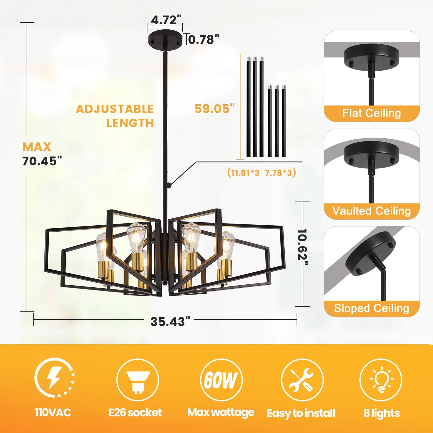 Modern 8-Light Geometric Chandelier