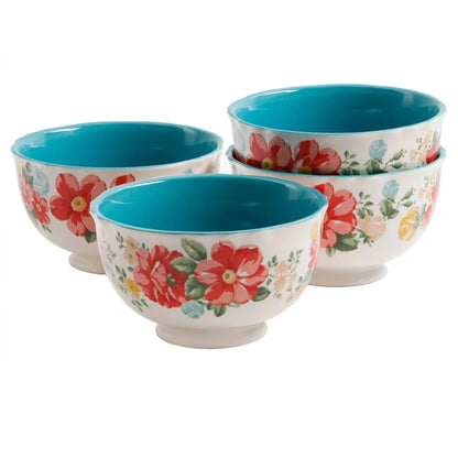 Vintage Floral Teal Stoneware Footed Bowl Set