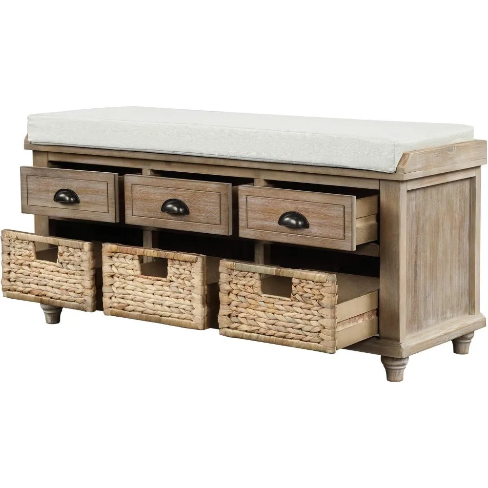 Wood Storage Bench with 3 Drawers, 3 Rattan Baskets,