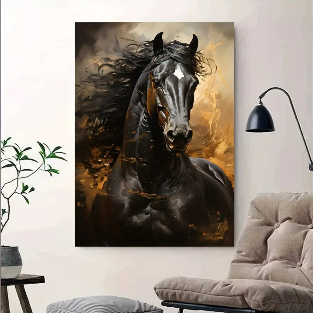 Black horse running canvas print