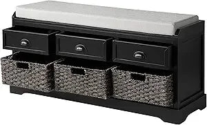 Wood Storage Bench with 3 Drawers, 3 Rattan Baskets,