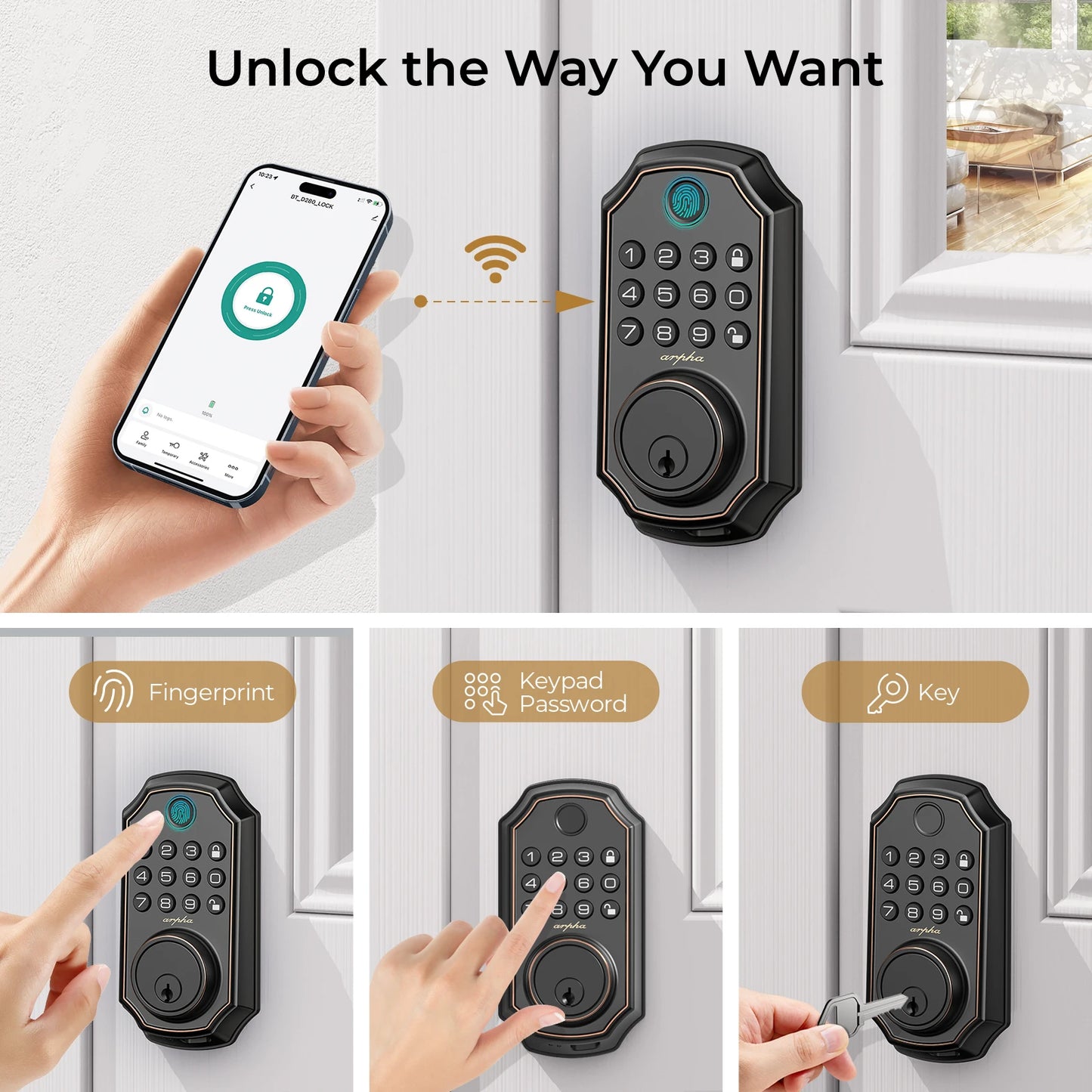 Arpha Smart Lock ‎D280W Keyless Entry Door Lock Fingerprint Bulit-in WiFi Deadbolt Electronic Keypad Auto-Lock Easy Installation