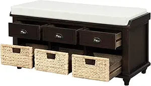 Wood Storage Bench with 3 Drawers, 3 Rattan Baskets,