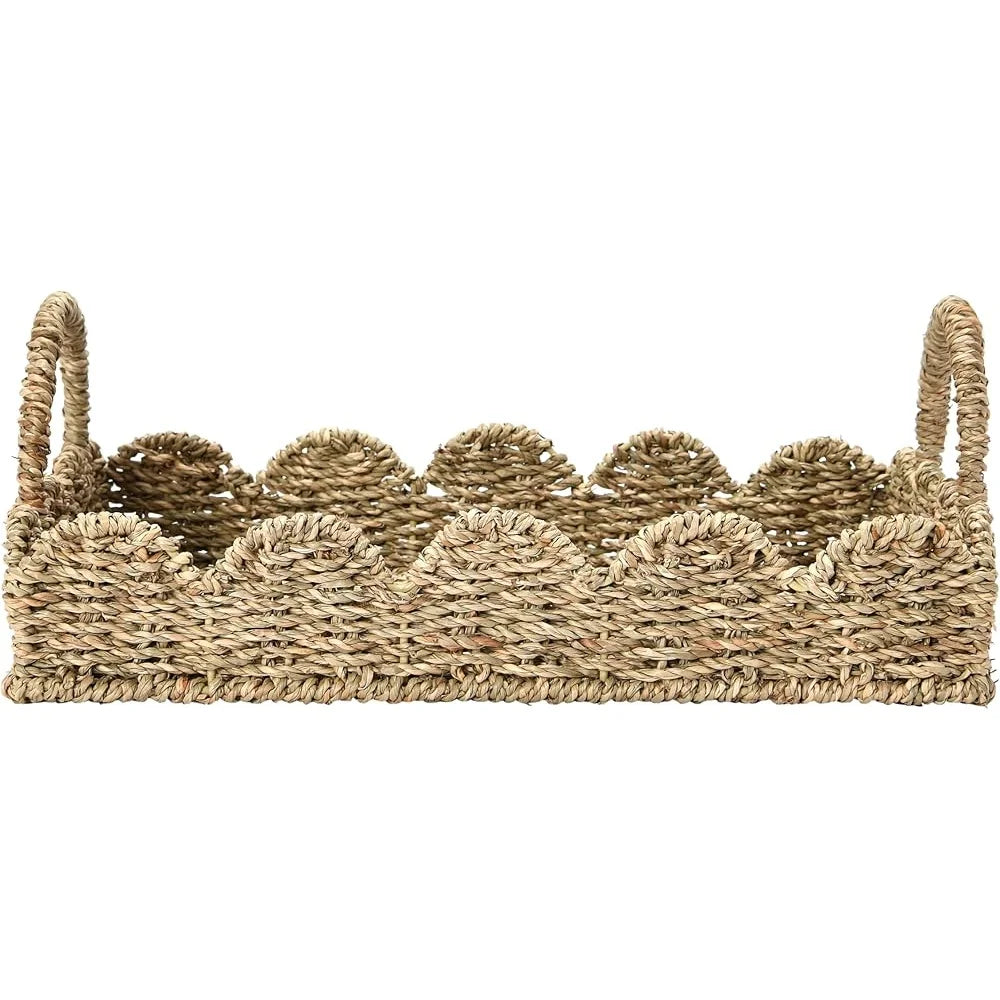 Handwoven Seagrass Tray with Scalloped Edge and Handles