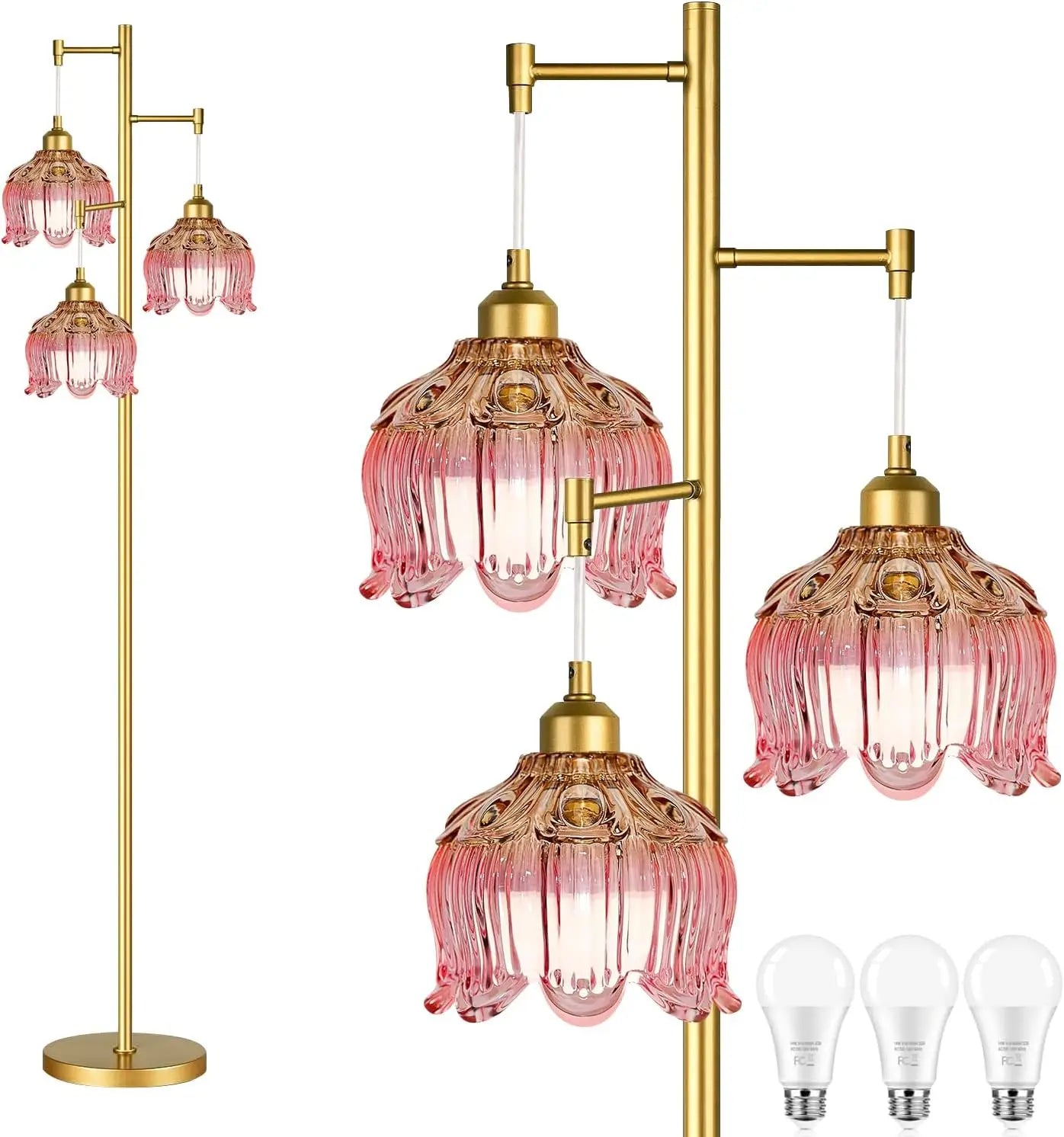 Pink Mid-Century Modern Floor Lamp with Gold Brass Tree Design, 3 Adjustable Lights for Living Room and Bedroom
