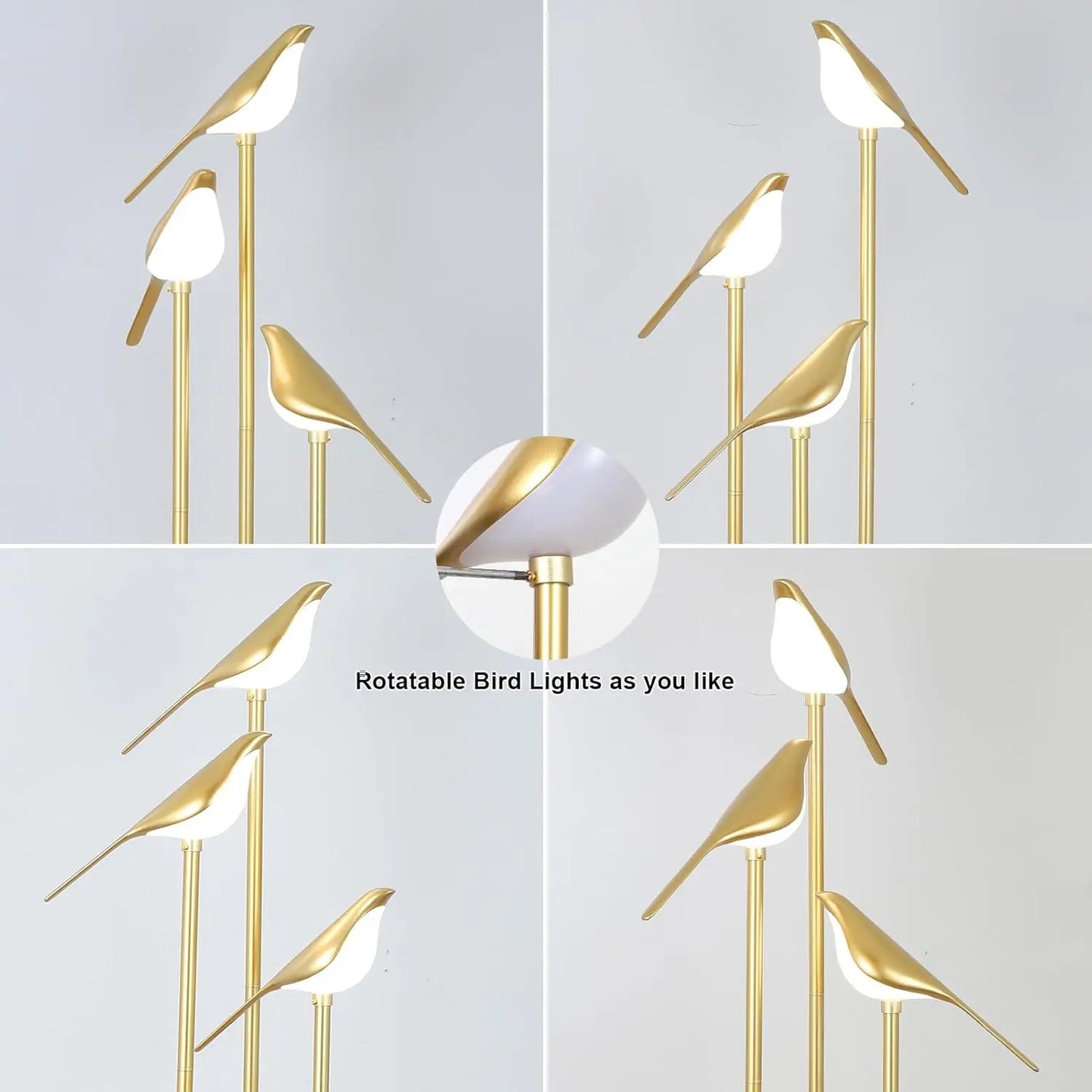 Modern Gold Floor Lamp with Adjustable LED Bird Lights and Wood Shelf for Living Room Bedroom