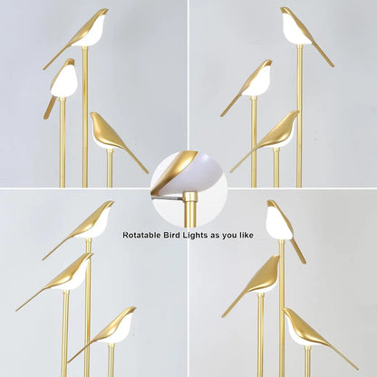 Modern Gold Floor Lamp with Adjustable LED Bird Lights and Wood Shelf for Living Room Bedroom